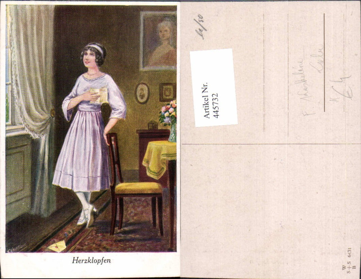 445732, Artist Ak F. Kaskaline Heartbeat Woman with Love Letter Reading Love