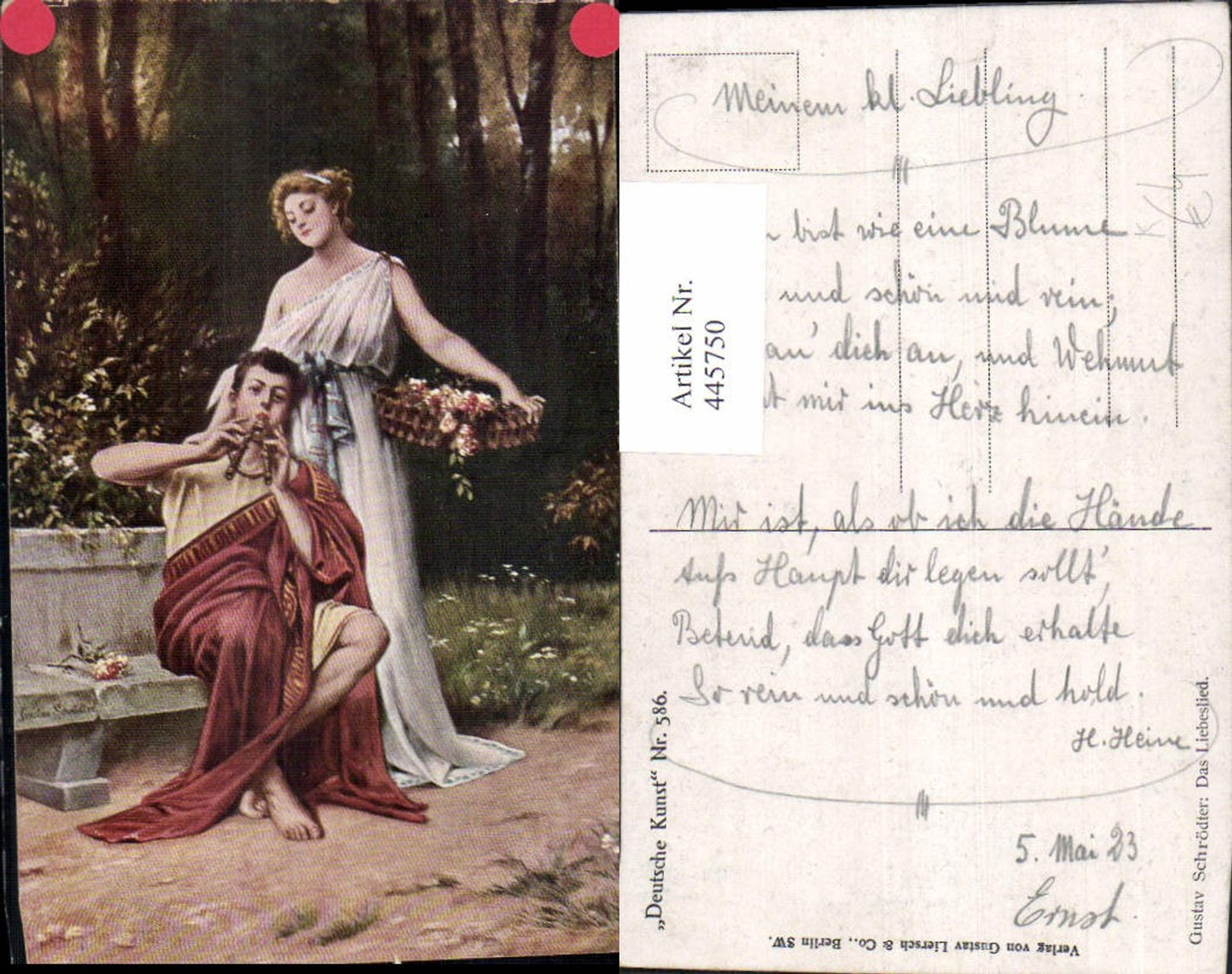 445750,Künstler Ak Gustav Schrödter Das Liebeslied Flöte Korb Blumen Paar Liebe