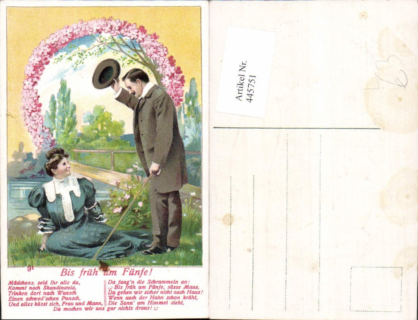 445751,Präge Litho Bis früh um Fünfe Paar Liebe Rosen Blumen Spruch Text