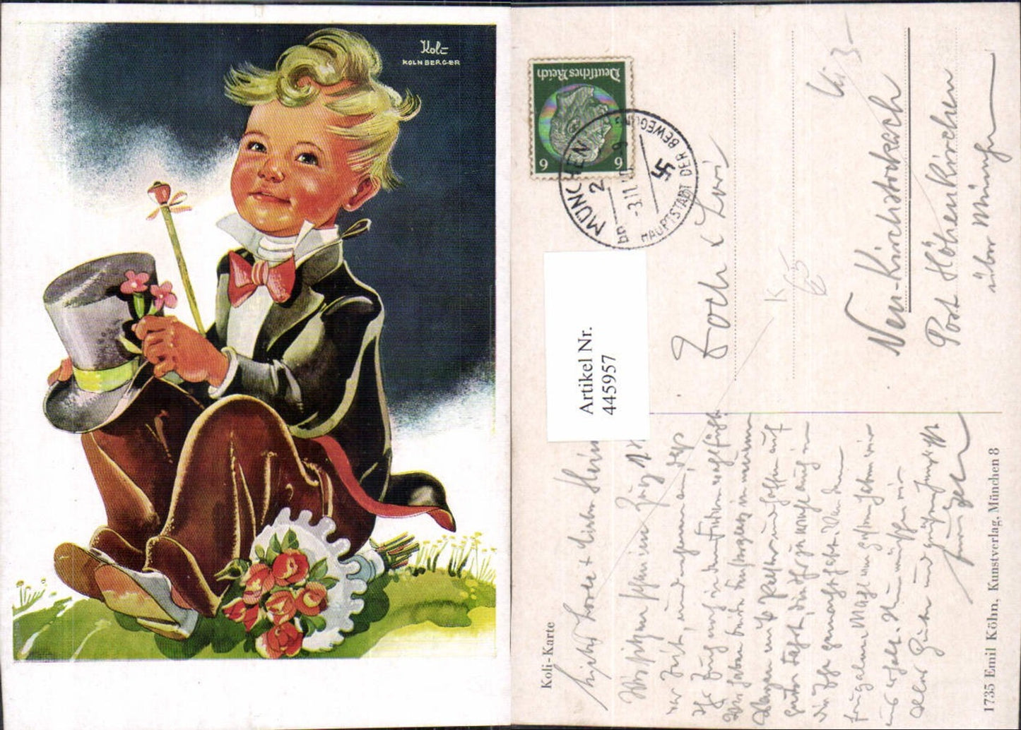 445957,Künstler Ak Koli Kolnberger Kind Junge Bub Anzug Hut Blumenstrauß