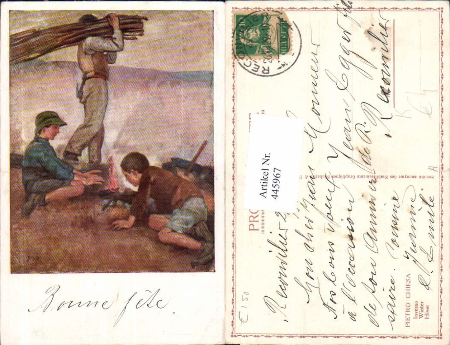445967,Künstler Ak Pietro Chiesa Winter Kind Kinder Lagerfeuer Mann Brennholz