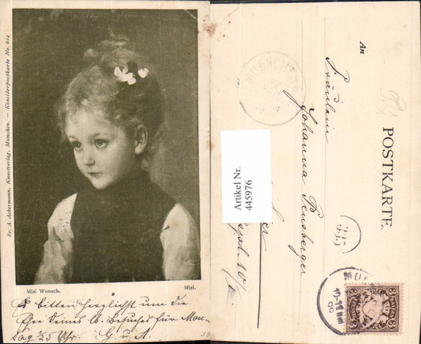 445976,Künstler Ak Mizi Wunsch Mizi Mädchen Blume i. Haar Kind pub F. A. Ackermann 614