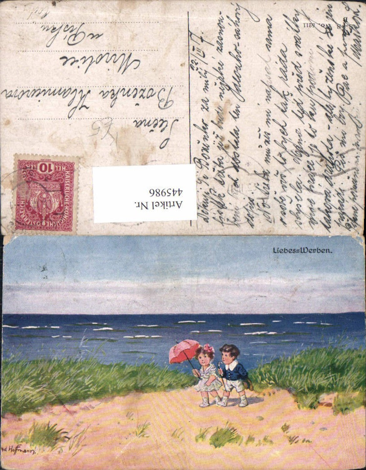 445986,Künstler Ak Hoffmann Liebeswerben Kinder spazieren a. Strand