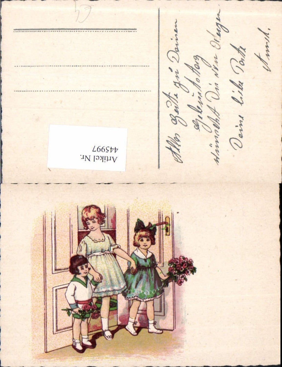 445997,Künstler Ak Kinder Uniform Blumen Rosen b. Tür