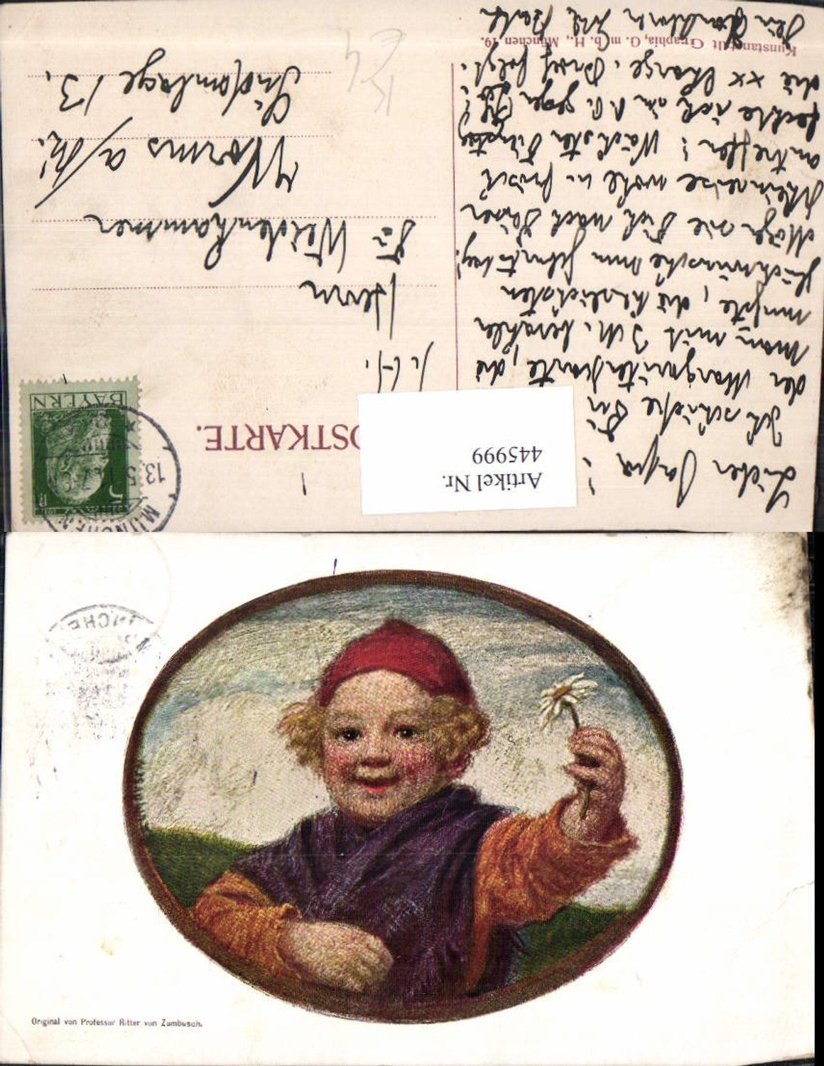 445999,Künstler Ak Prof. Ritter v. Zumbusch Kind Bub Junge Blume Passepartout