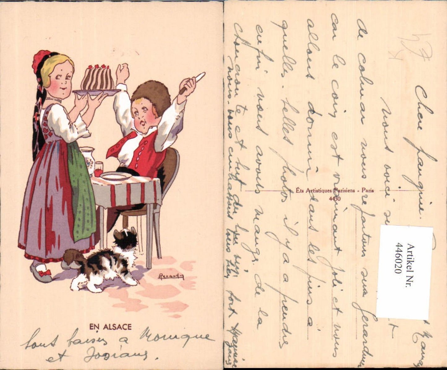 446020,Künstler Ak Kinder Tracht Kuchen Essen Katze En Alsace