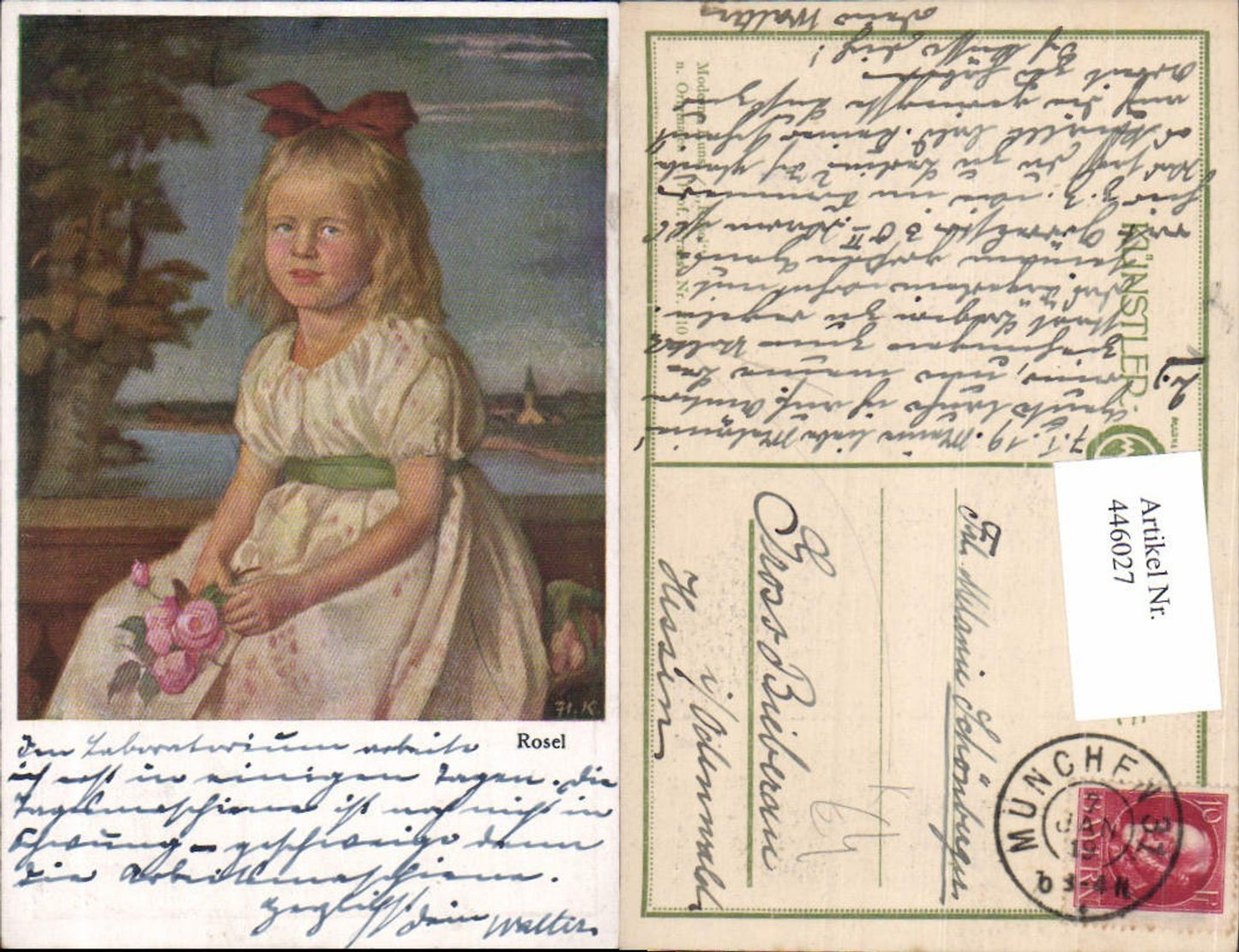 446027,Künstler Ak Prof. Kraus Rosel Kind Mädchen Haarschleife Rosen Blumen