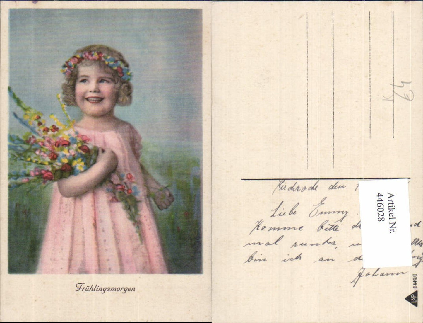 446028,Künstler Ak Kind Mädchen Kleid Blumenstrauß Blumenkranz i. Haar