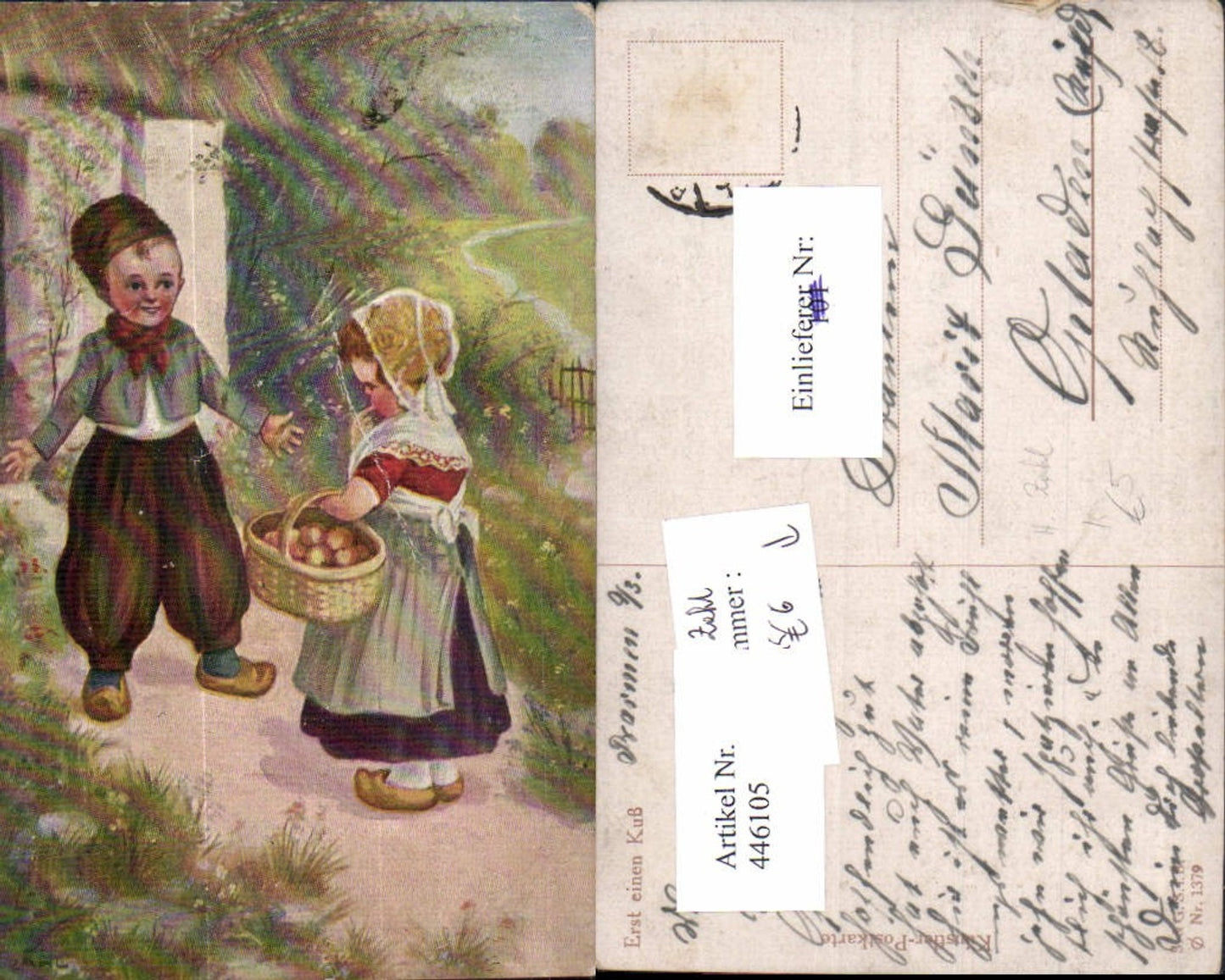 446105,Künstler Ak H. Zahl Erst einen Kuss Kinder Korb m. Äpfel v. Haus