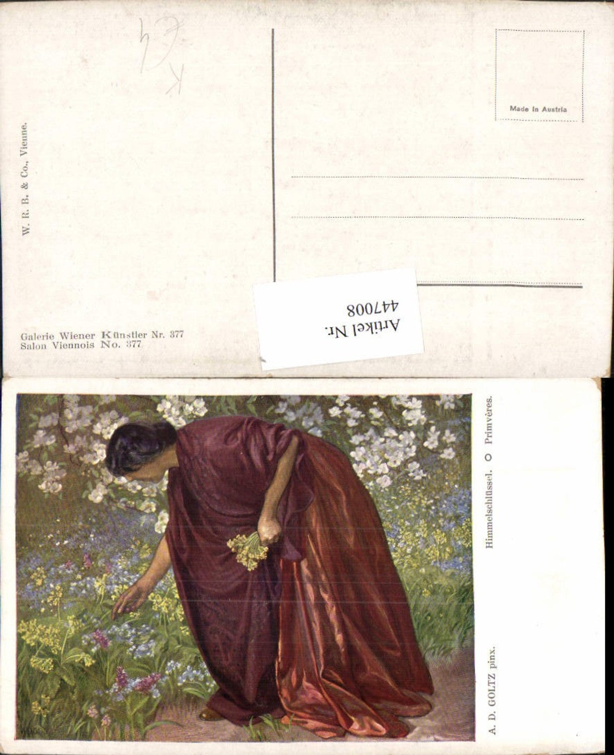 447008,Künstler AK A. D. Goltz Himmelschlüssel Frau m. Kleid Blumen