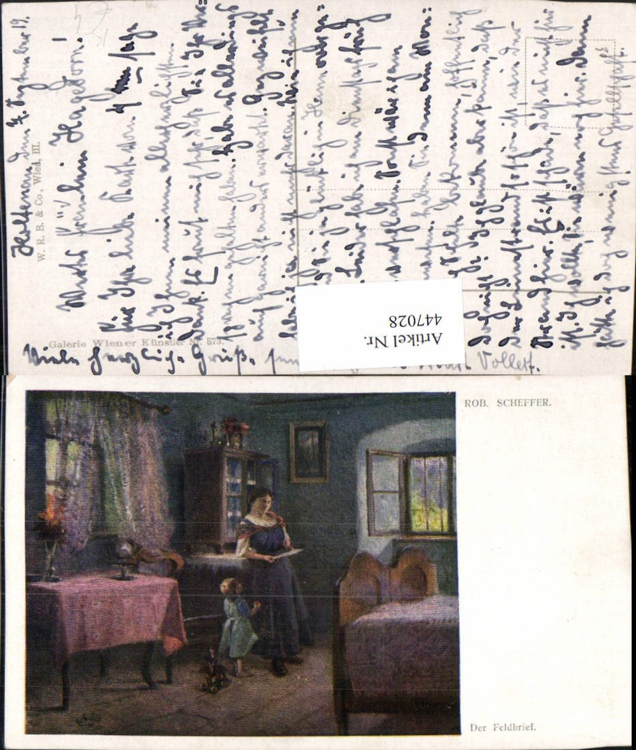 447028,Künstler AK Rob. Scheffer Der Feldbrief Frau b. Lesen Kind