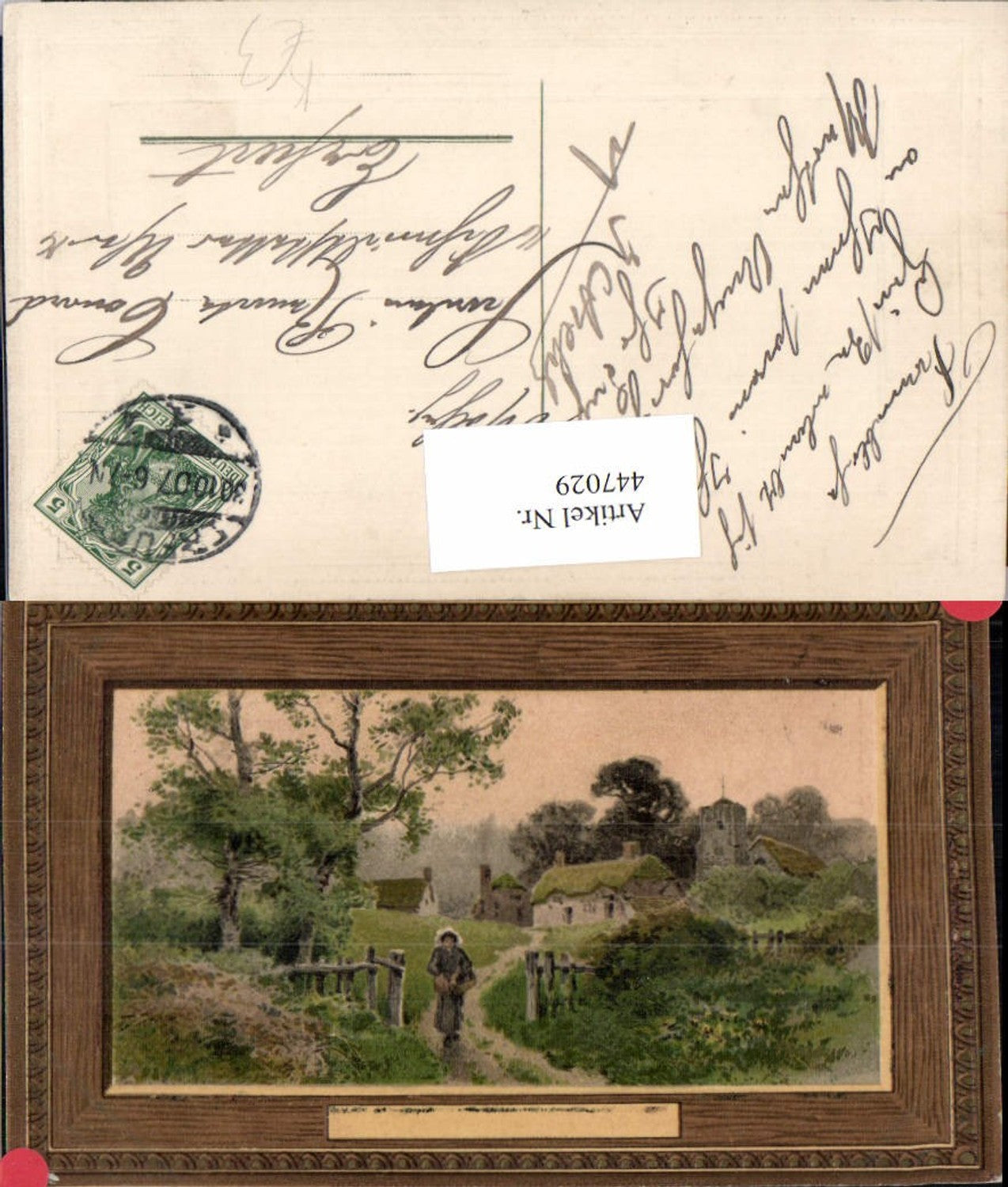 447029,Künstler AK Landschaft Dorf Kirche Präge Passepartout