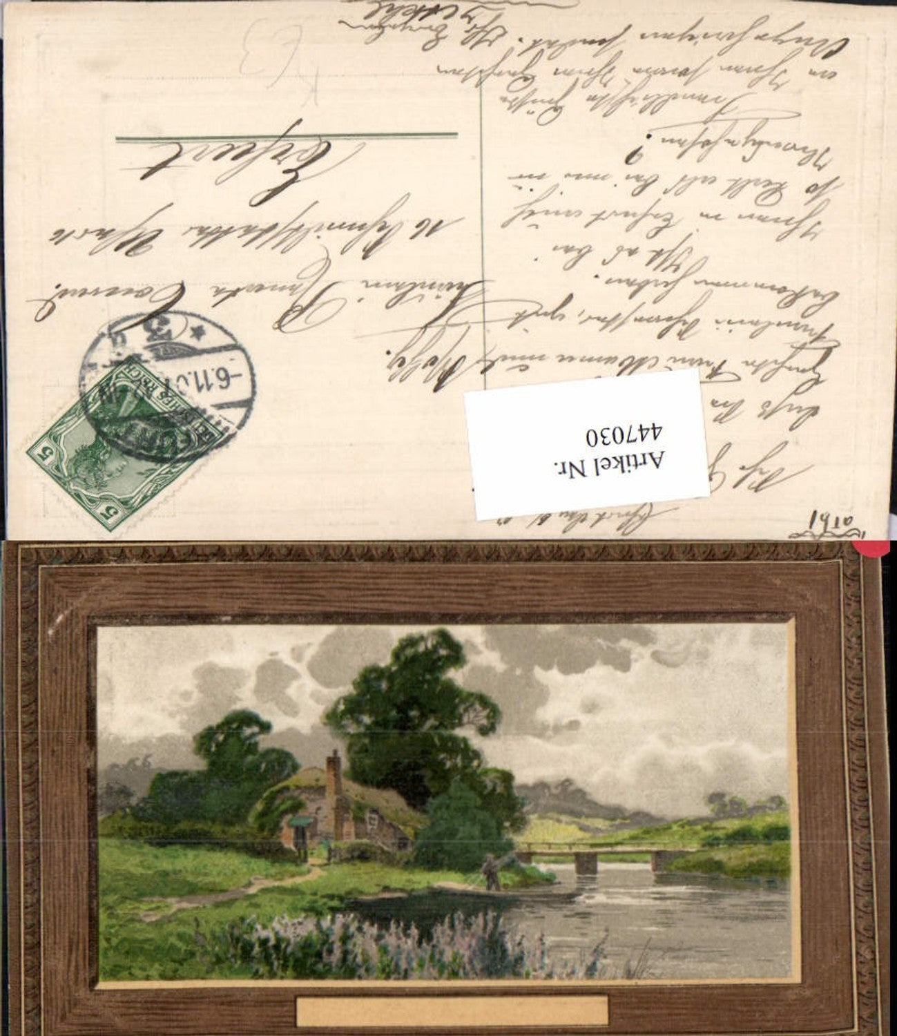 447030,Künstler AK Landschaft Haus Fluss Brücke Präge Passepartout