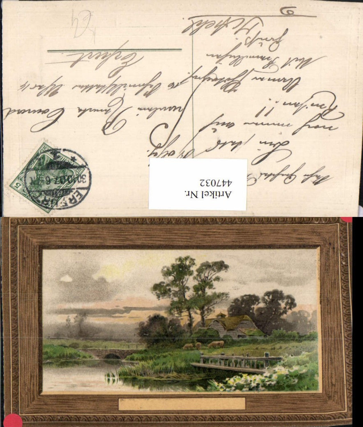 447032,Künstler AK Landschaft Haus Brücke Präge Passepartout