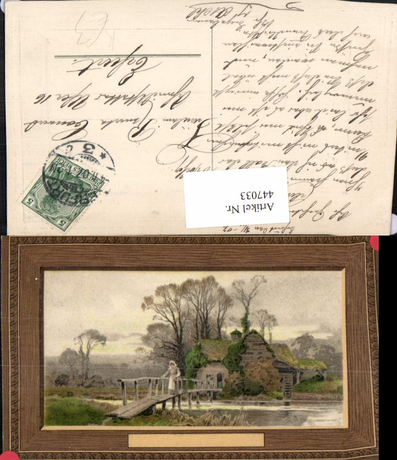 447033,Künstler AK Landschaft Haus Brücke Präge Passepartout