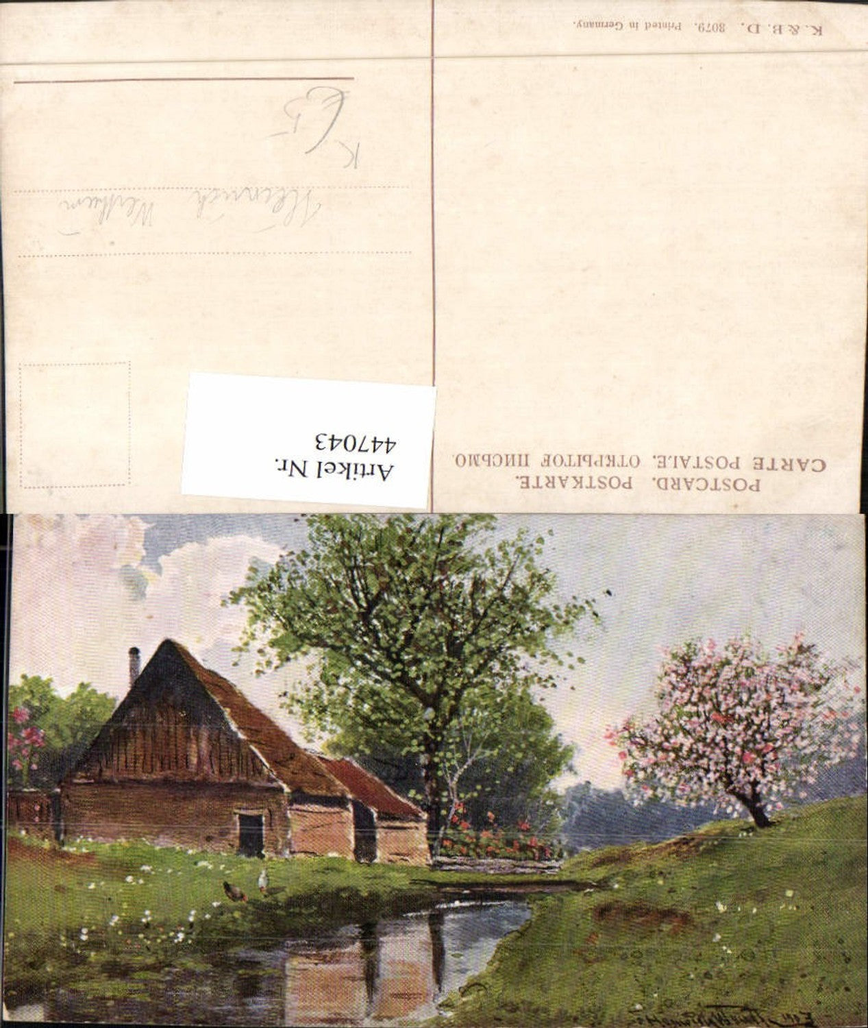 447043,Künstler AK Heinrich Wertheim Landschaft Haus Baumblüte