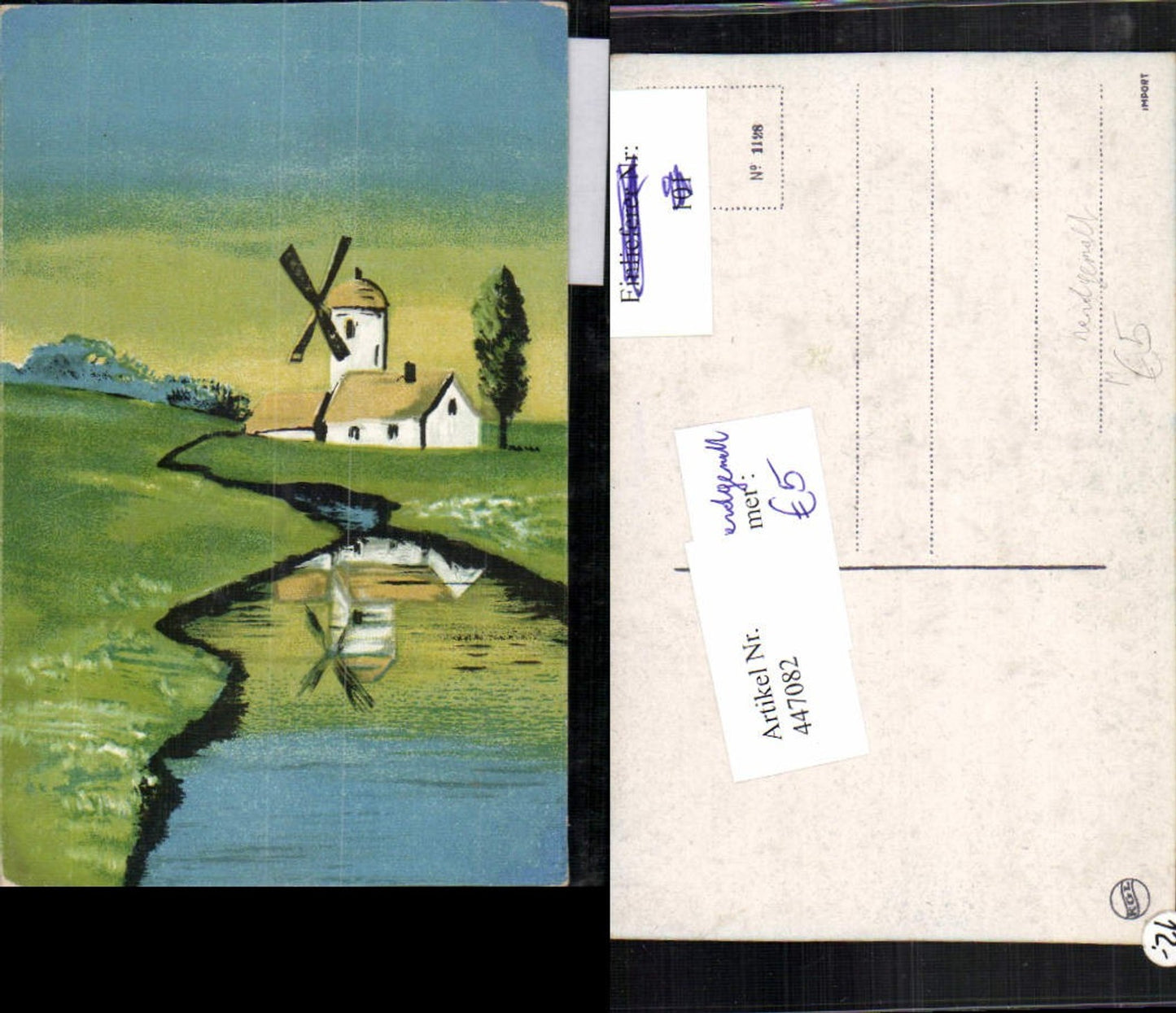 447082,Künstler AK Handgemalt Landschaft Bach Windmühle Mühle