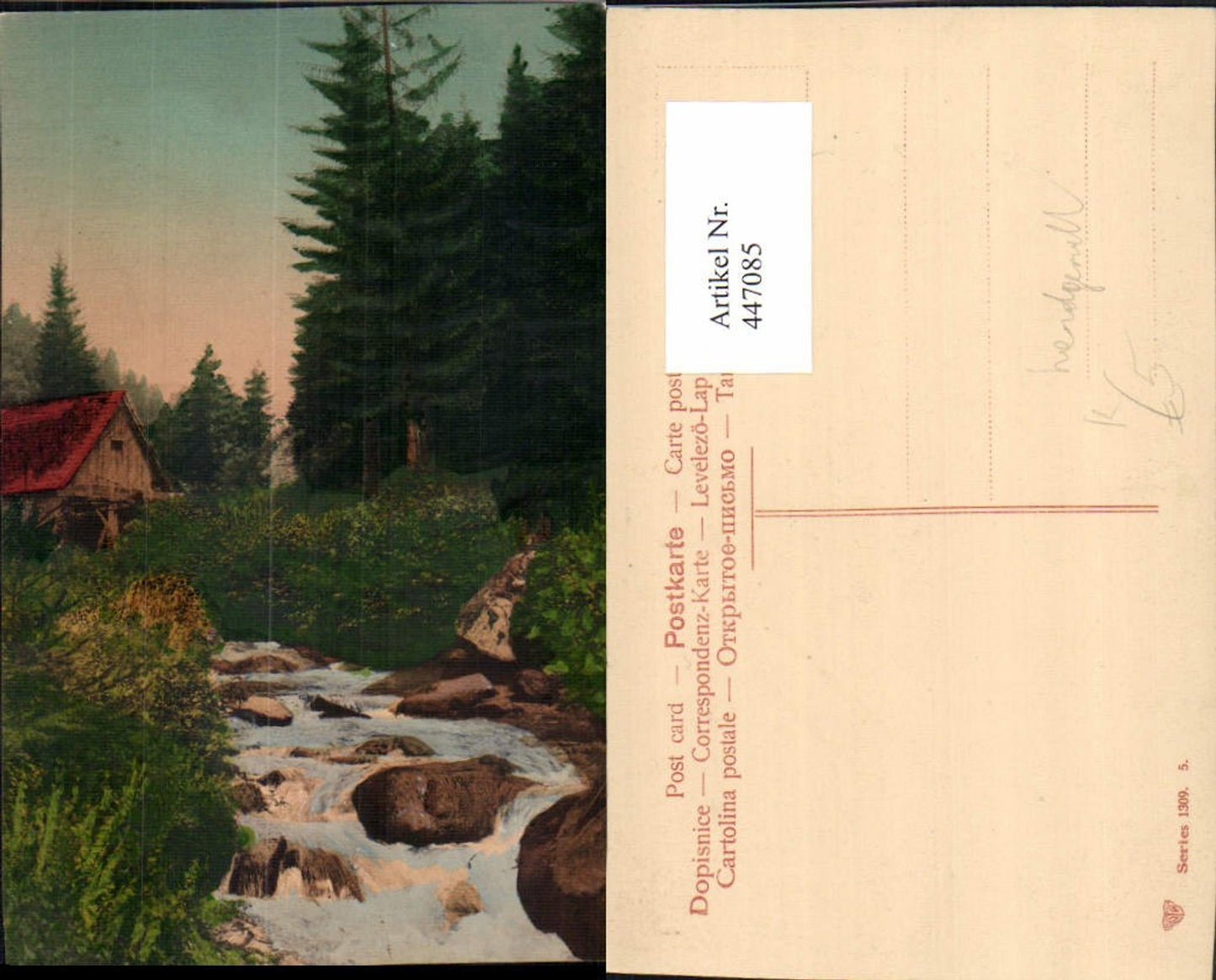 447085, Artist AK Hand-painted Landscape Stream Hut Forest
