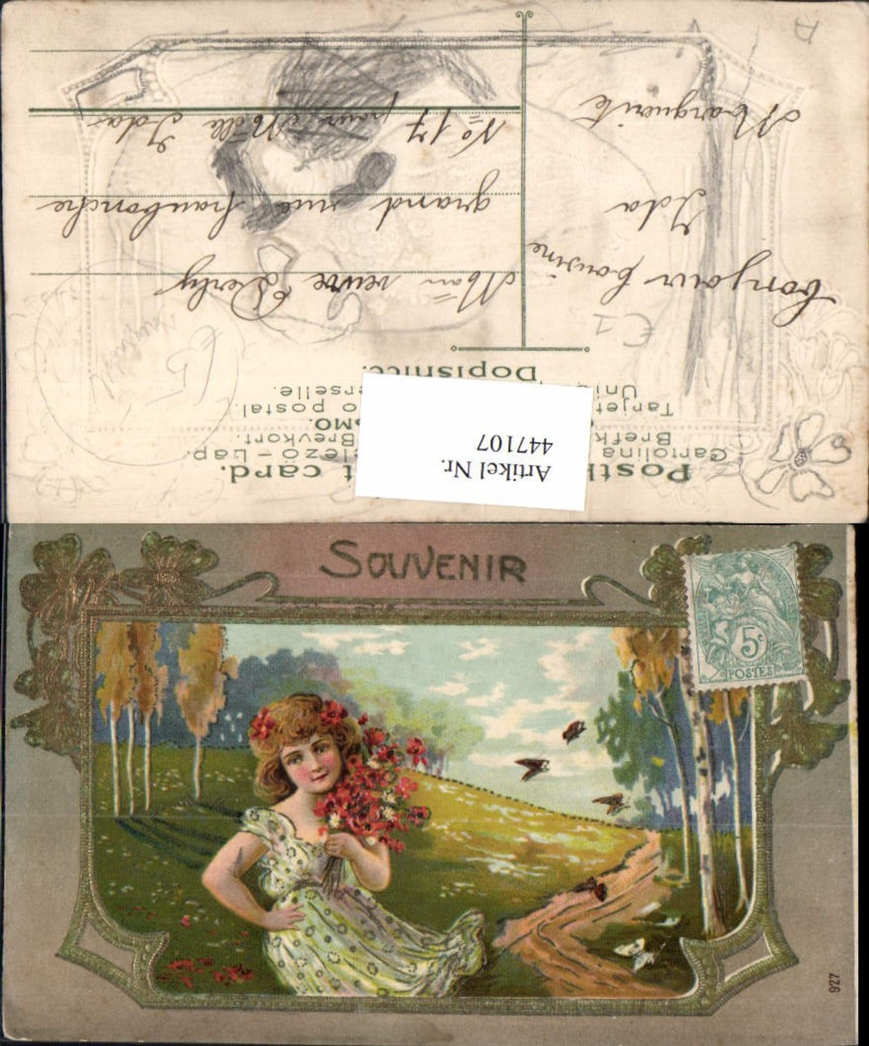 447107,Jugendstil Präge Litho Mädchen Kleid Landschaft Blumen Passepartout