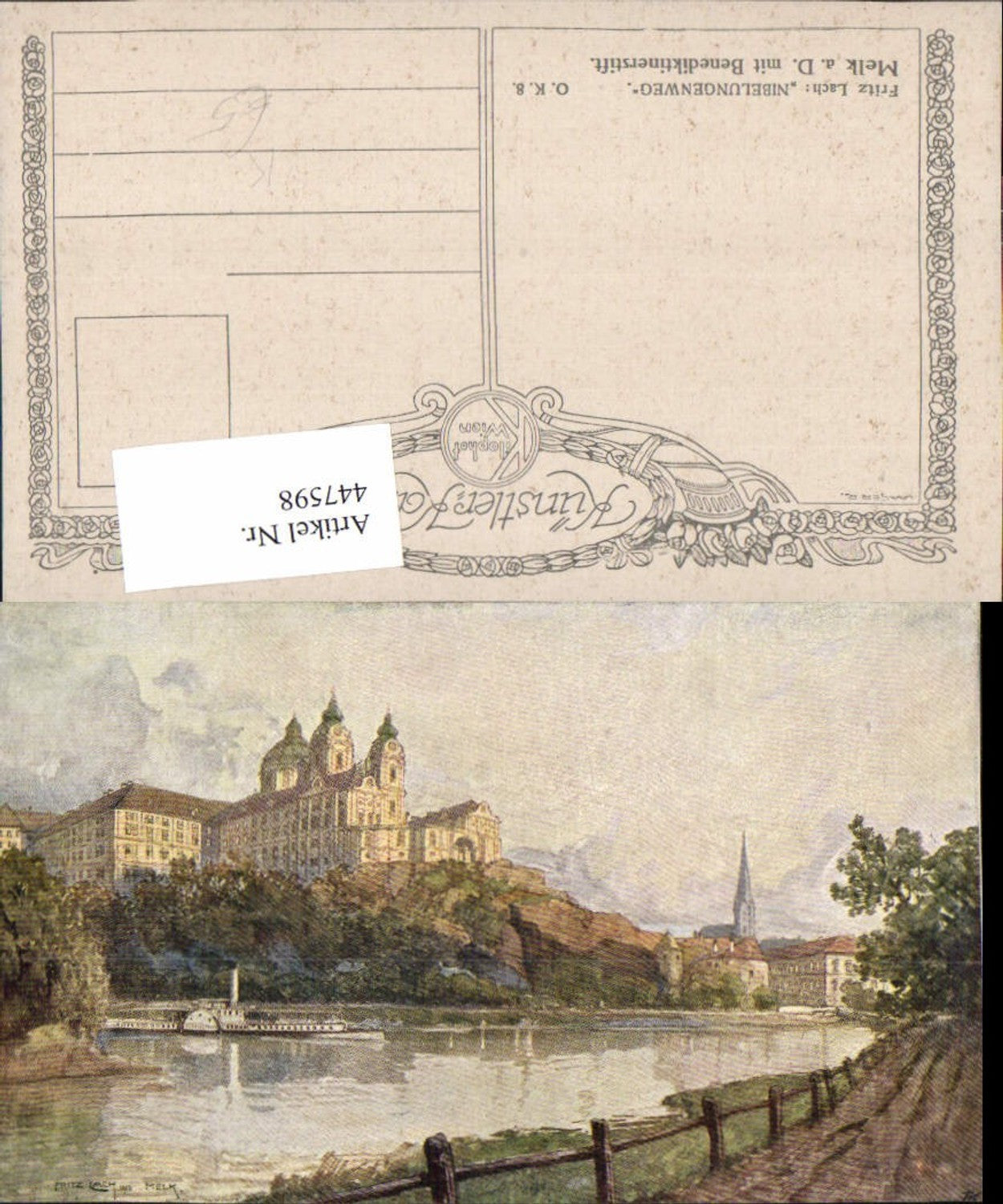 447598, Artist AK Fritz Lach Melk on the Danube Steamer Abbey