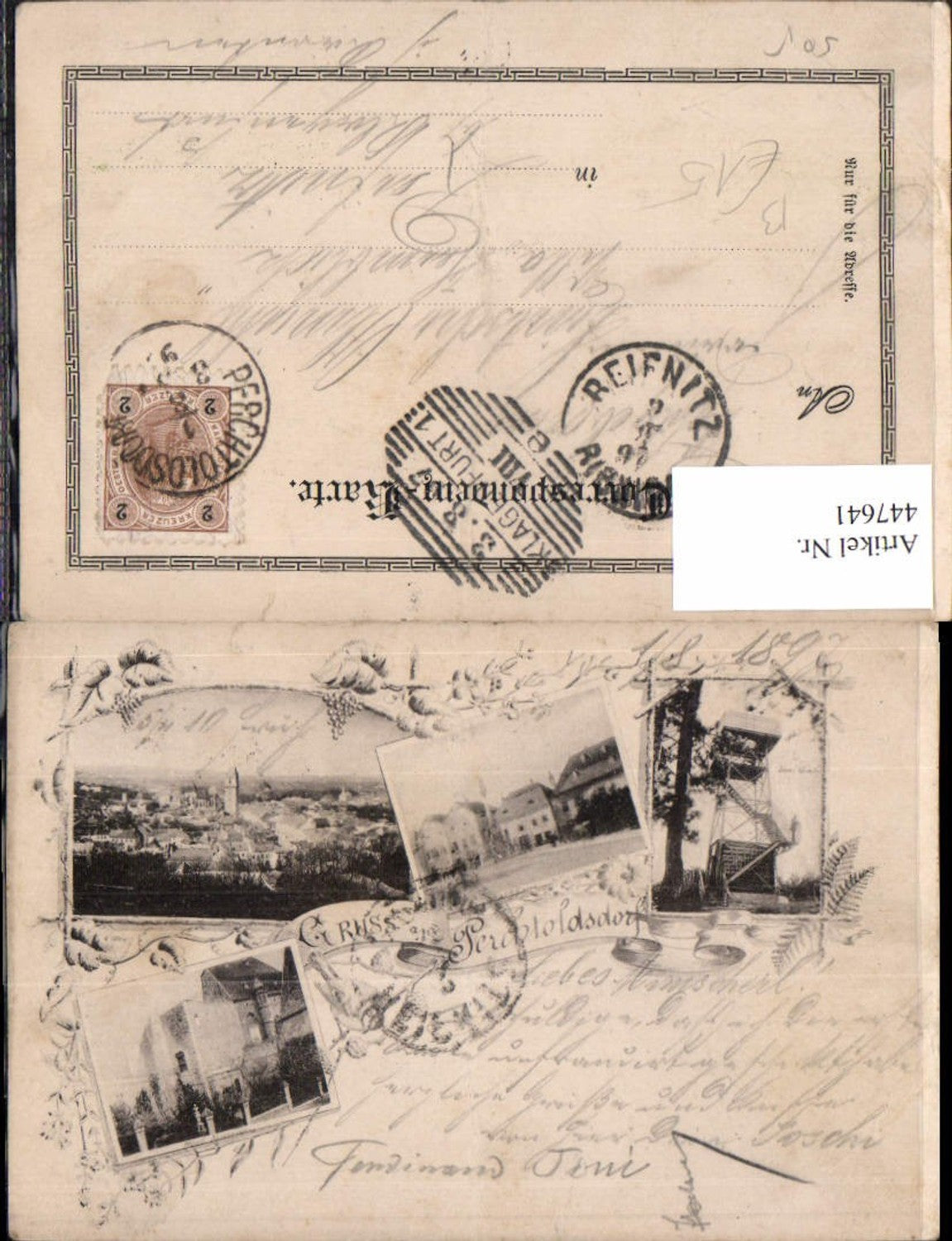 447641,Litho Gruß aus Perchtoldsdorf Totale Kirche Aussichtsturm Mehrbildkarte