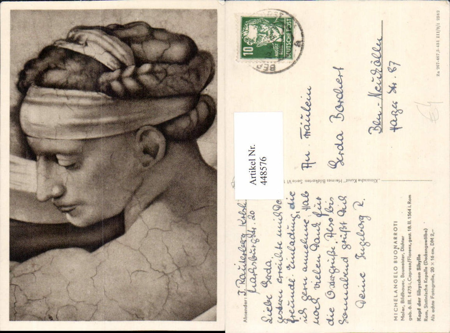448576,Künstler AK Michelangelo Buonarroti Kopf der libyschen Sibylle