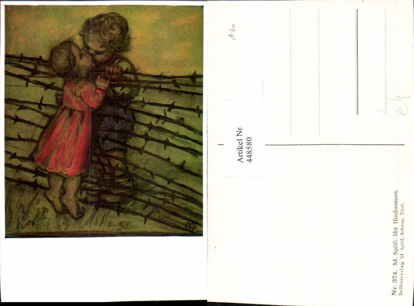 448580,Künstler AK M. Spötl Schwaz Mit Hindernissen Kinder Kuss Liebe