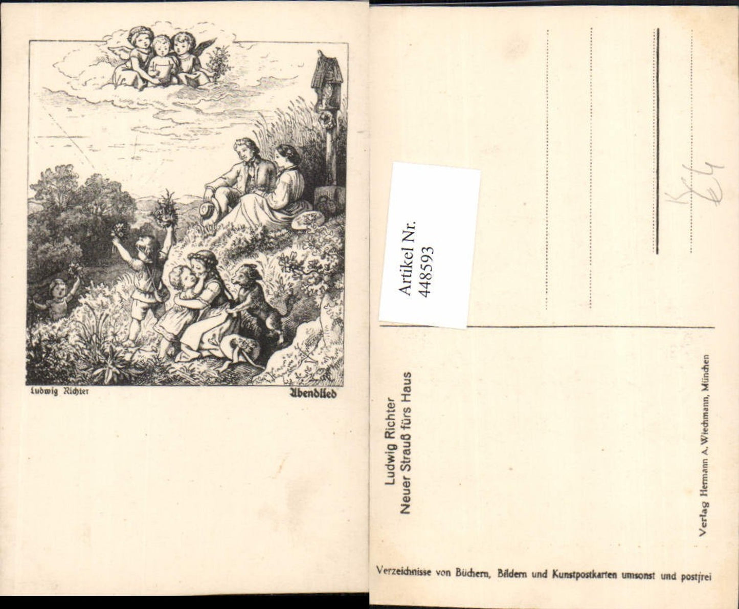 448593,Künstler AK Ludwig Richter Neuer Strauß fürs Haus Abendläuten Familie Engeln