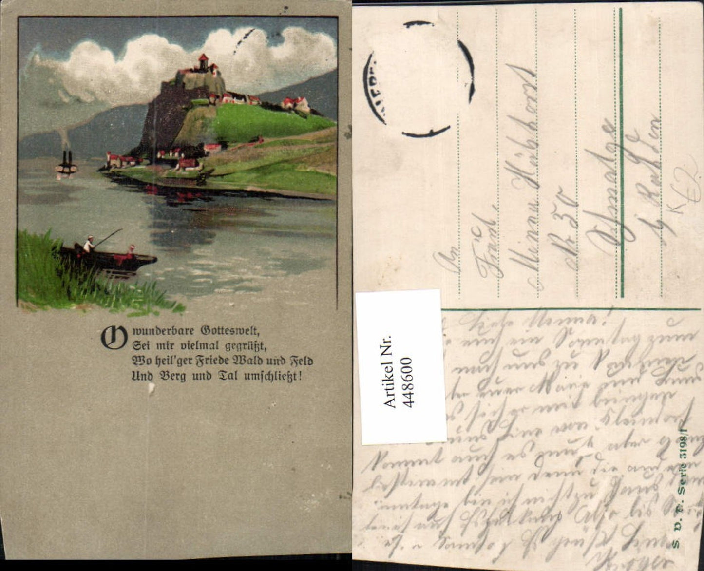 448600,Künstler AK Landschaft Fluss Fischer Boot Dorf Burg Spruch