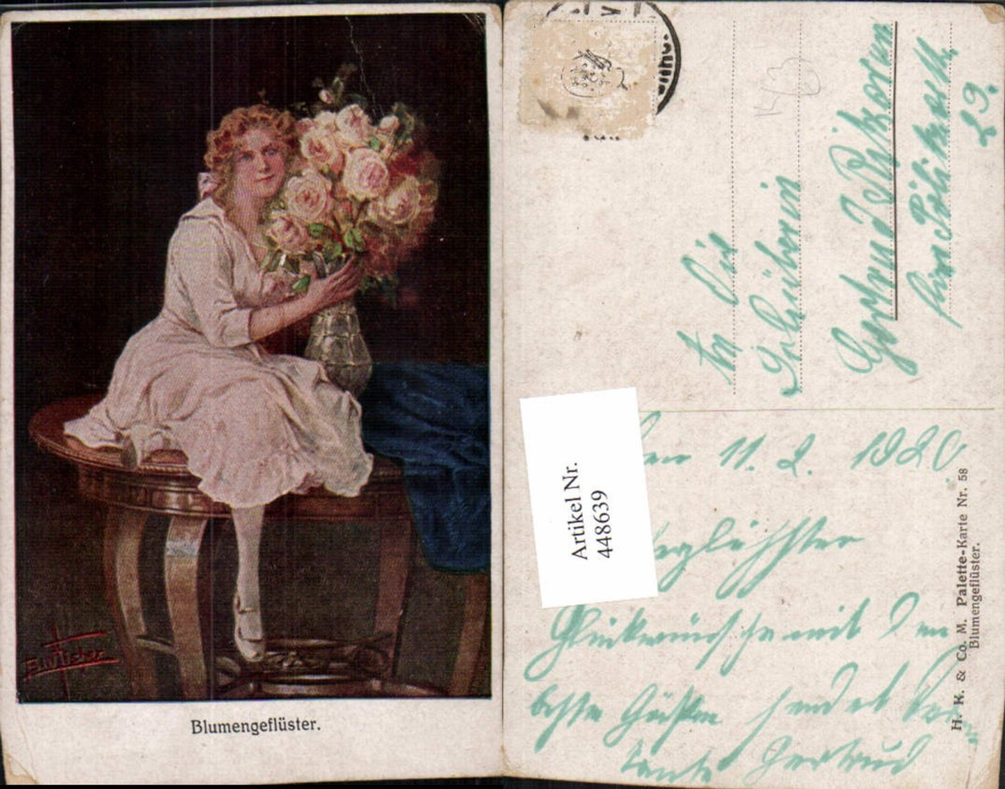 448639,Künstler AK Bill Fischer Blumengeflüster Frau Kleid Rosen Vase