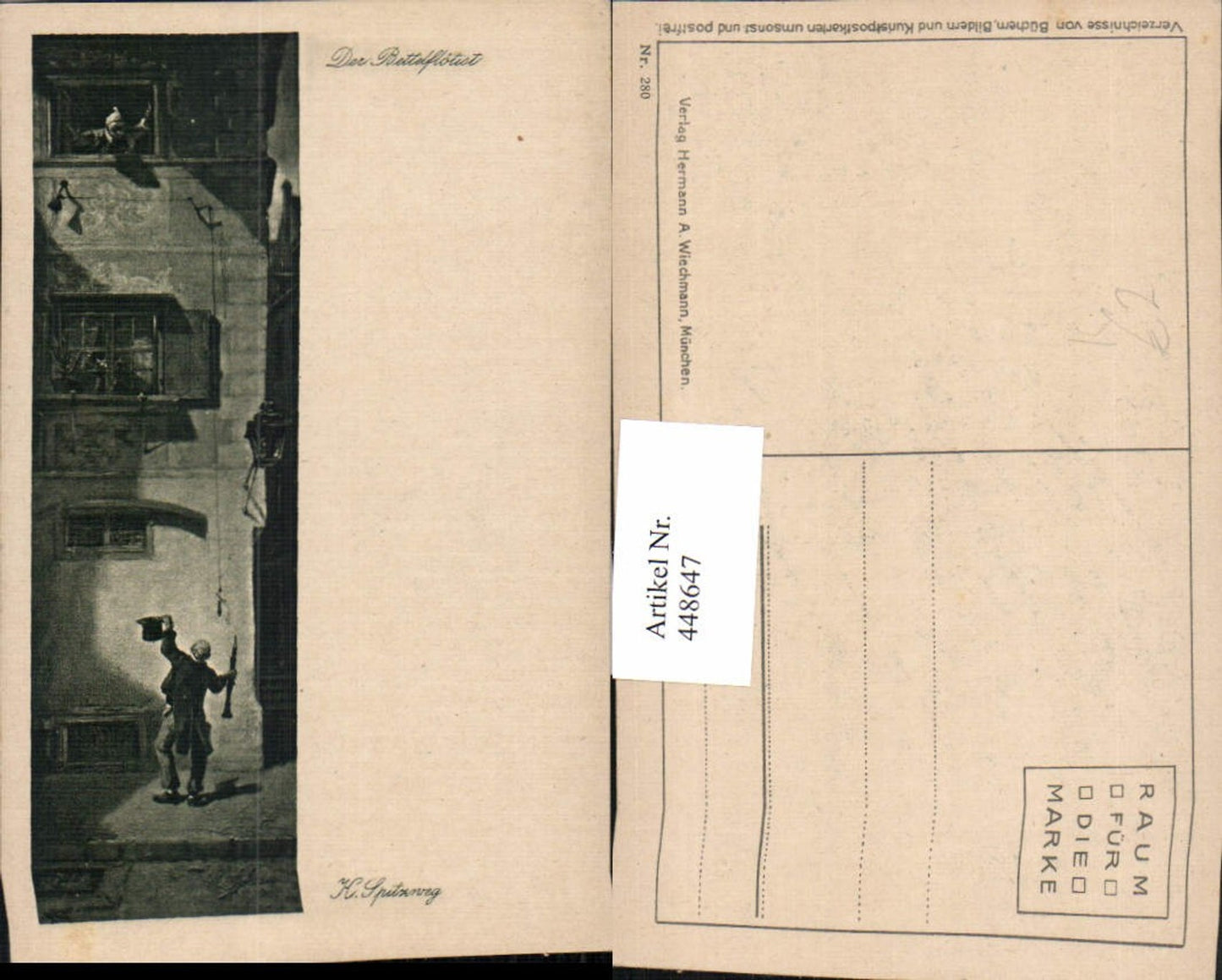 448647,Künstler AK K. Spitzweg Der Bettelflötist Mann Flöte Fenster