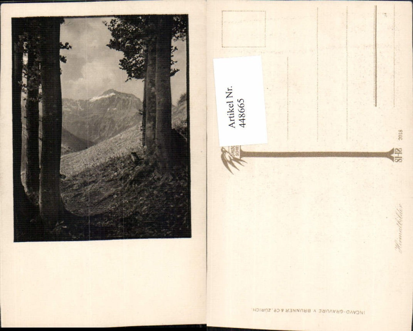 448665, Photo Incavo Gravure Brunner & Co Zurich Switzerland Landscape Trees Mountain scenery