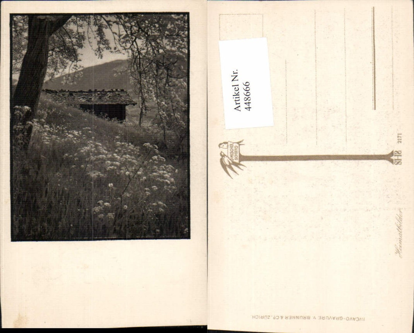 448666,Foto Incavo Gravure Brunner & Co Zürich Schweiz Landschaft Hütte Baumblüte