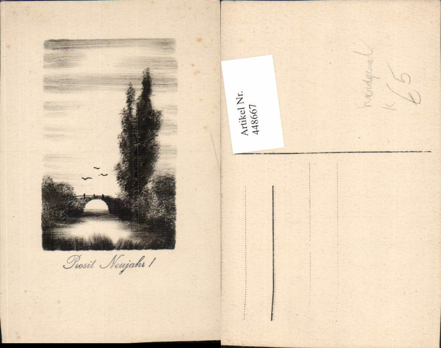 448667,Künstler AK Handgemalt Neujahr Landschaft Brücke Baum Vögel