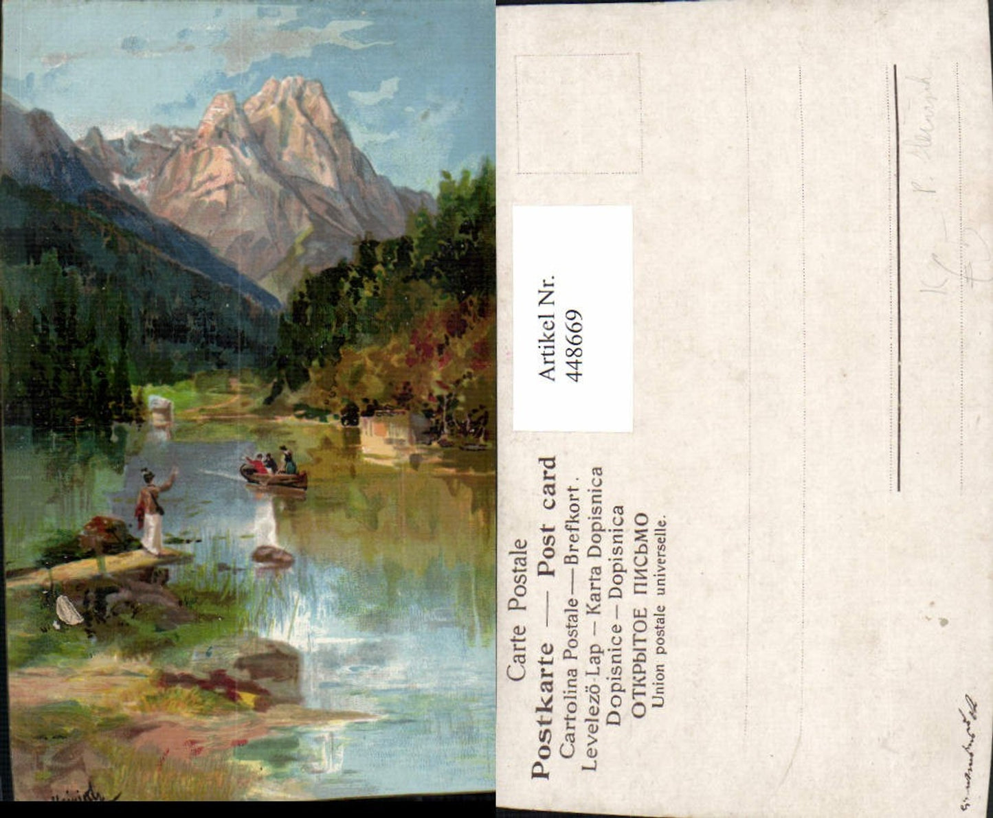 448669,Künstler AK P. Heinisch Landschaft See Boot Bergkulisse