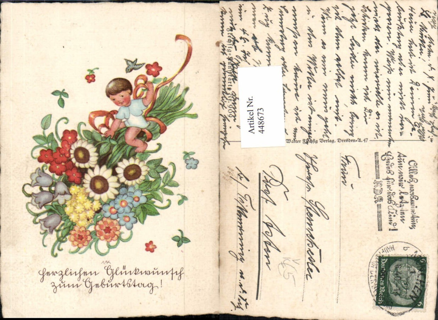 448673,Künstler AK Geburtstag Kind Blumenstrauß Blumen pub Flechsig 909