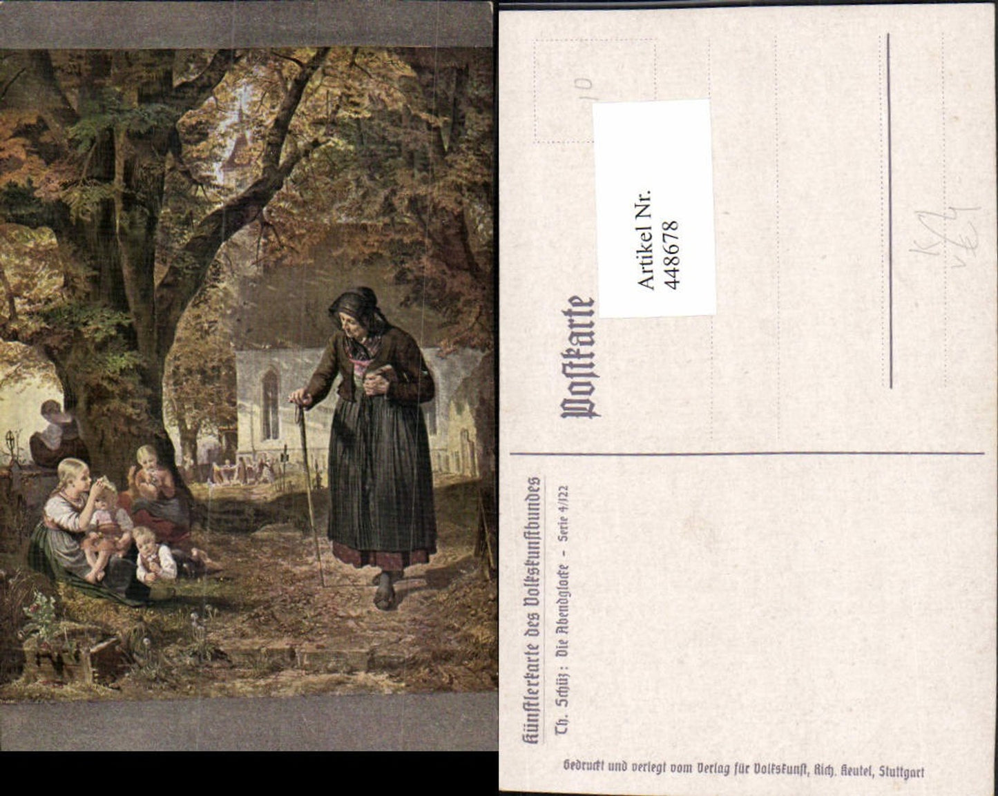 448678,Künstler AK Th. Schütz Die Abendglocke Kirche pub Volkskunstbund 4/122
