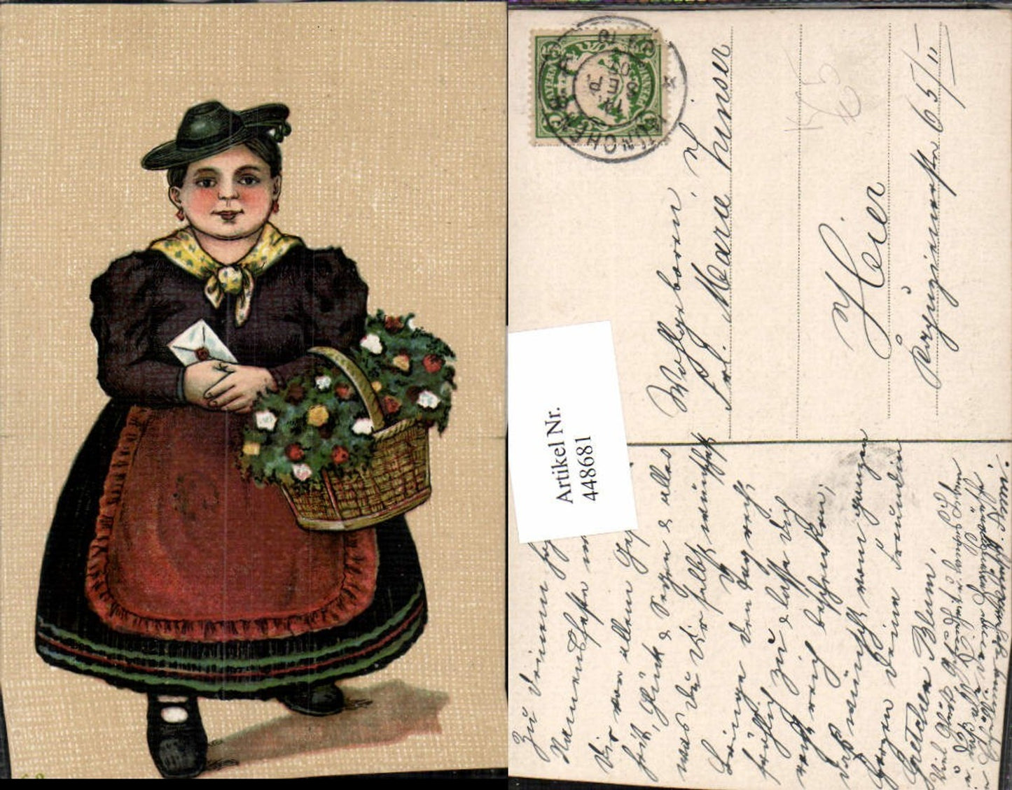 448681,Künstler AK Dicke Frau m. Hut Tracht Korb Blumen Brief