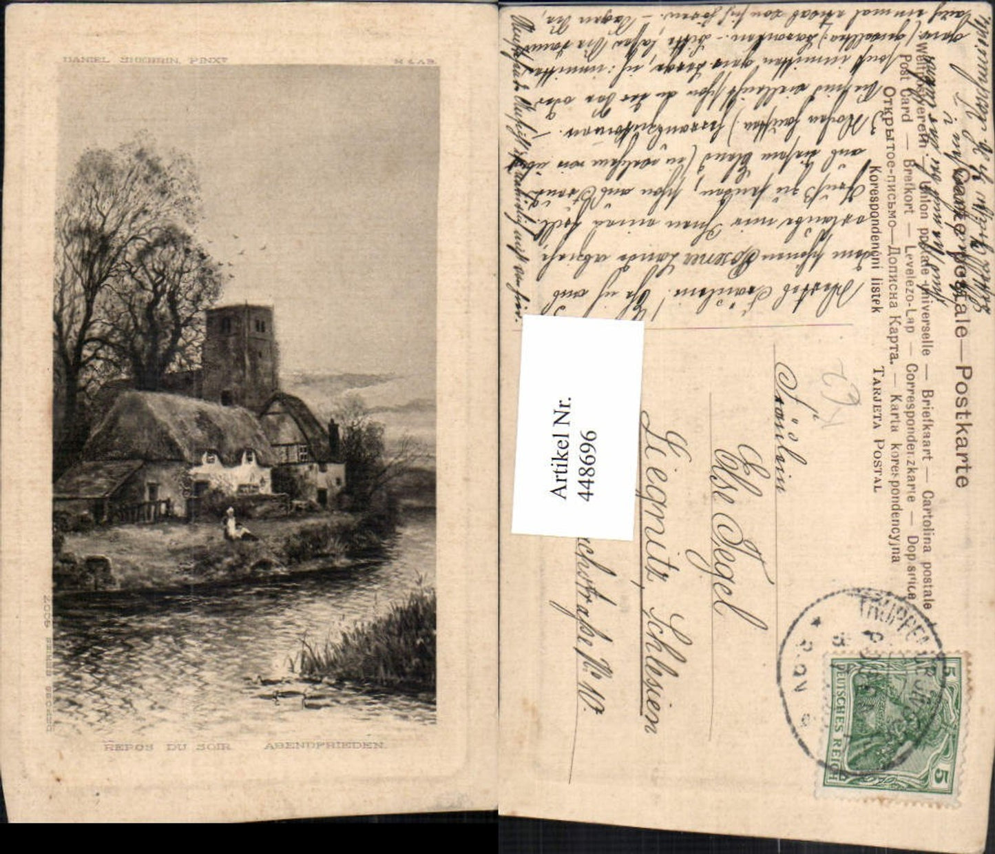 448696,Künstler AK Daniel Sherrin Abendfrieden Landschaft Haus Fluss