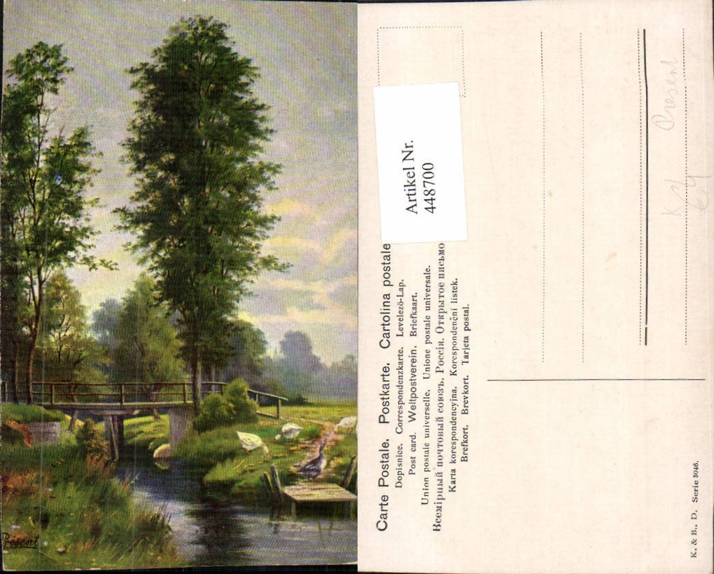 448700,Künstler AK Present Landschaft Bach Brücke Bäume
