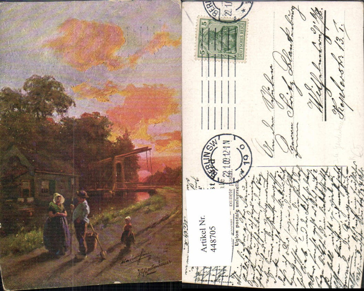 448705,Künstler AK J. G. Gerstenhauer Landschaft Personen Zugbrücke