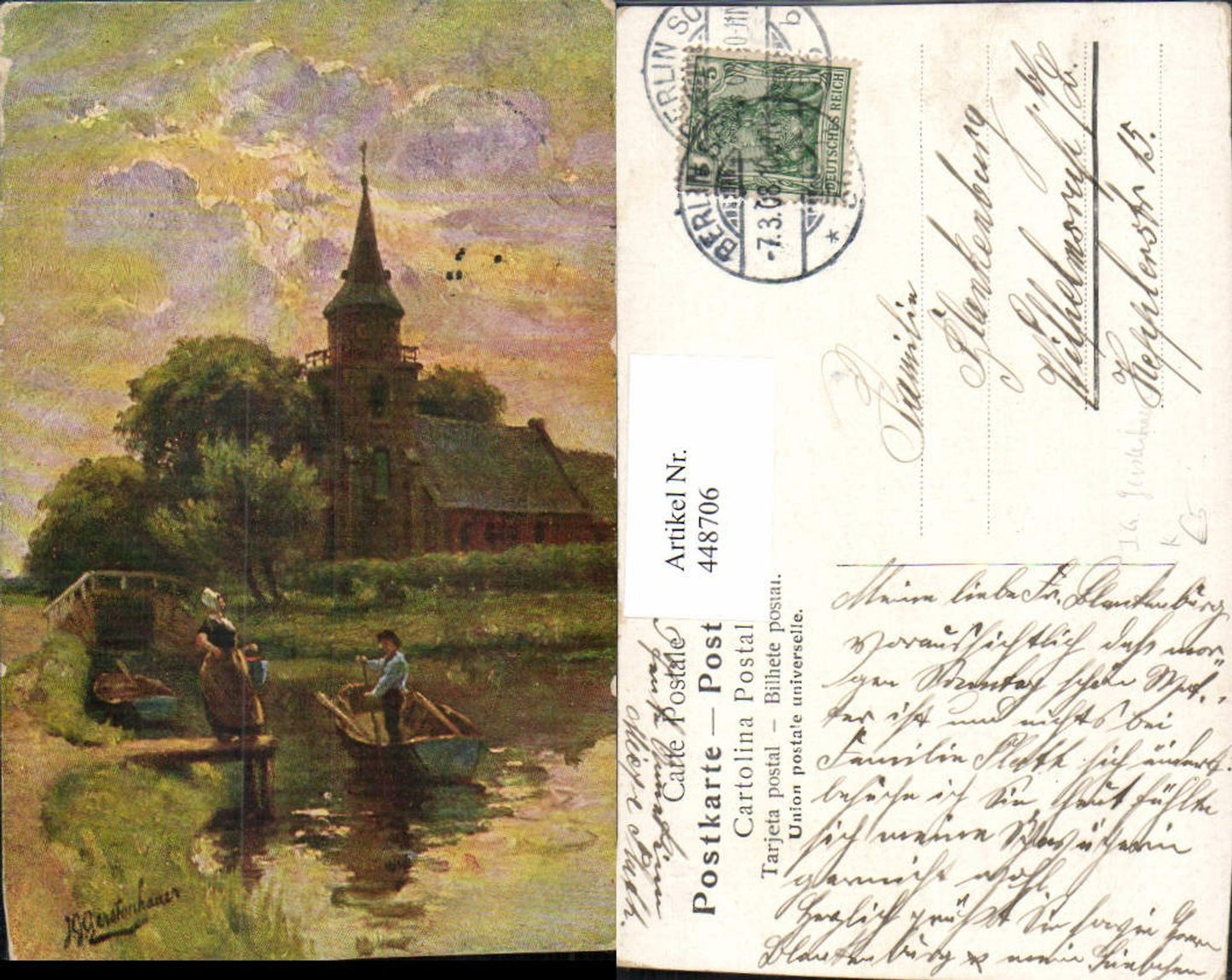 448706,Künstler AK J. G. Gerstenhauer Landschaft Kirche Personen Boot