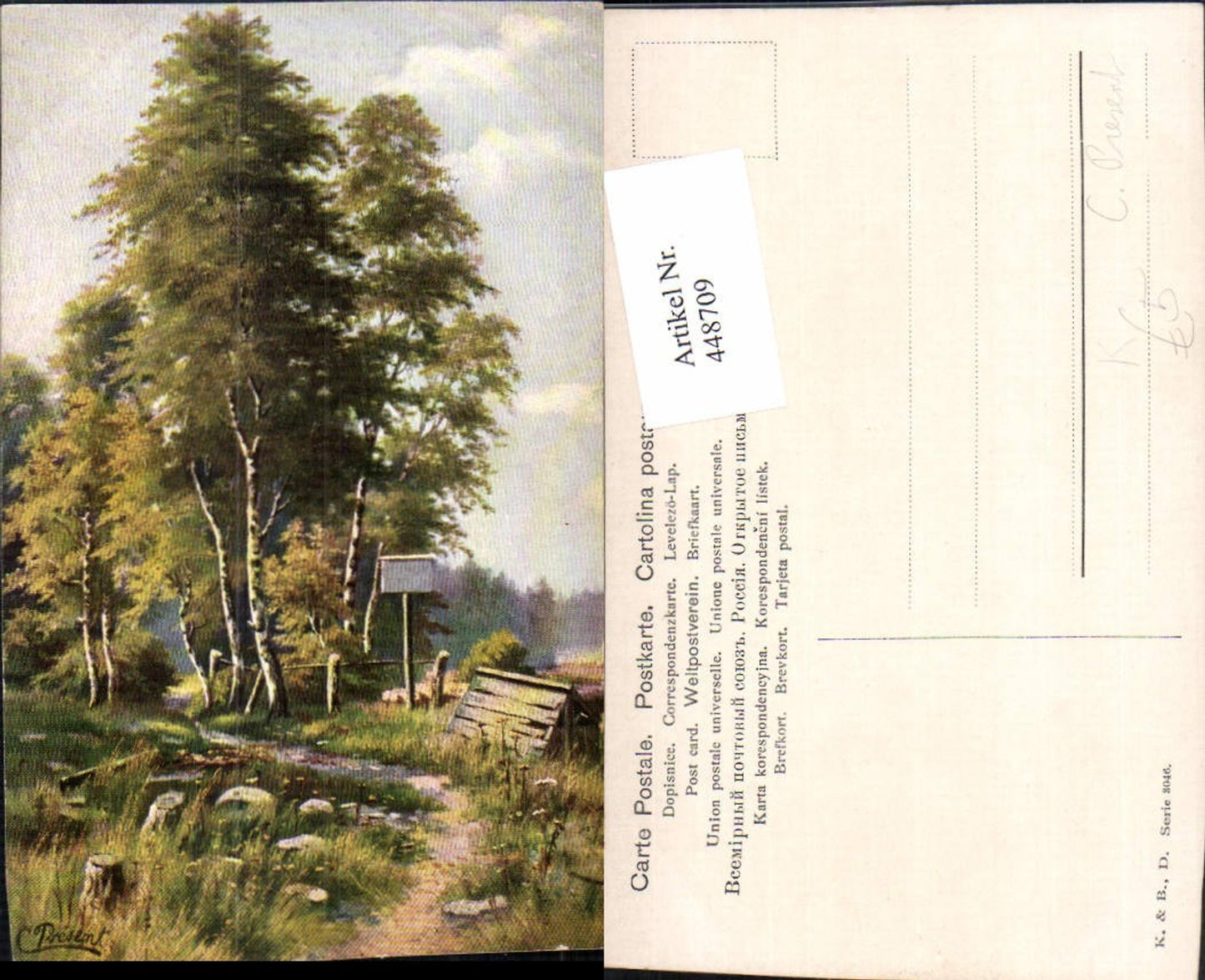 448709,Künstler AK C. Present Landschaft Wald Bäume Wegpartie