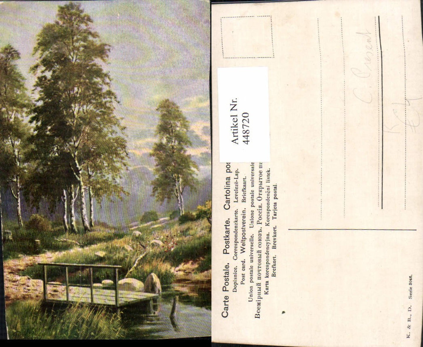 448720,Künstler AK C. Present Landschaft Bäume Steg