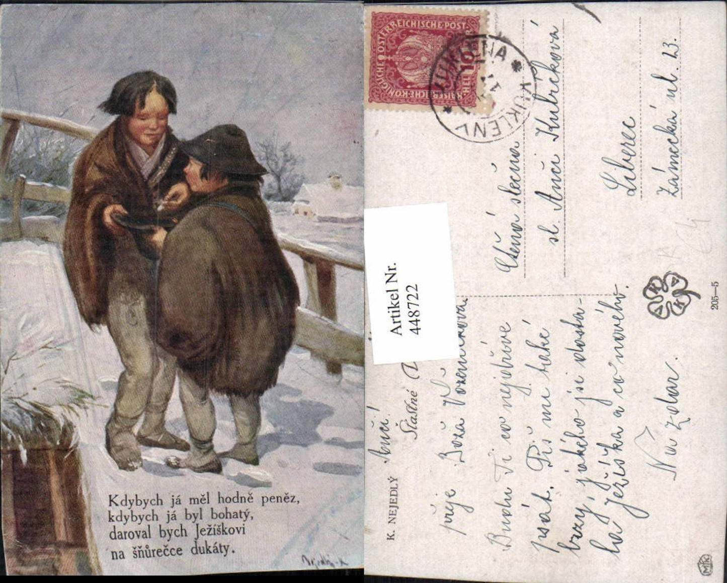 448722,Künstler AK K. Nejedly Kinder Mantel Winterlandschaft Spruch