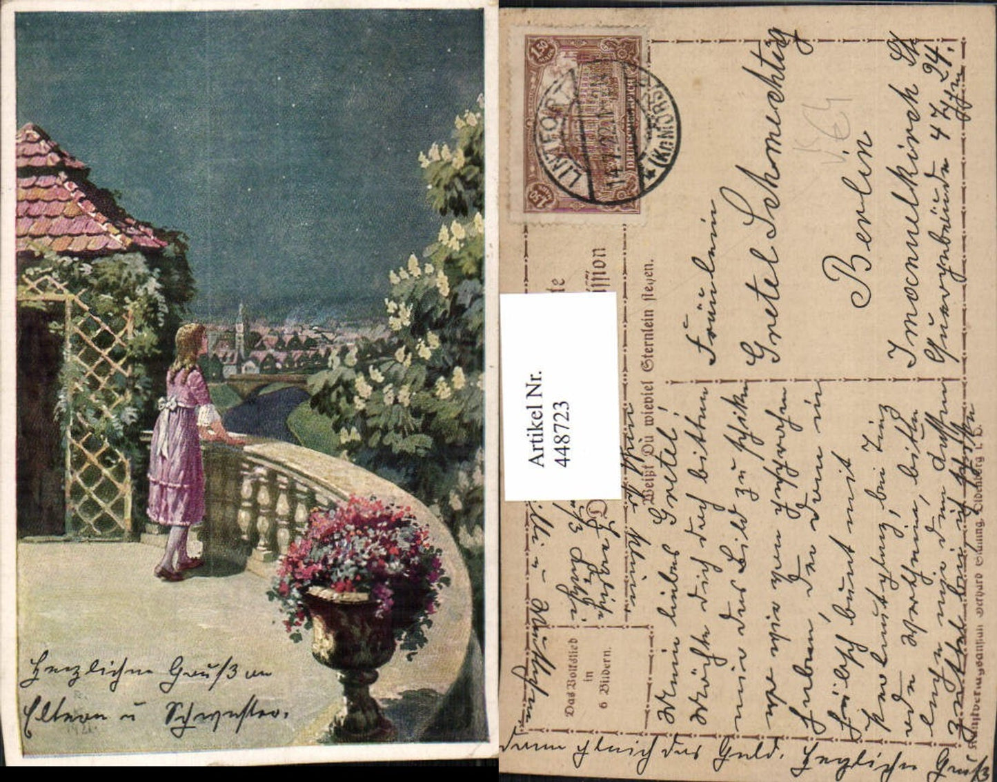 448723,Künstler AK Mädchen Kleid Aussicht Stadt pub Wohlfahrts Postkarte Dt Bahnhofsmission