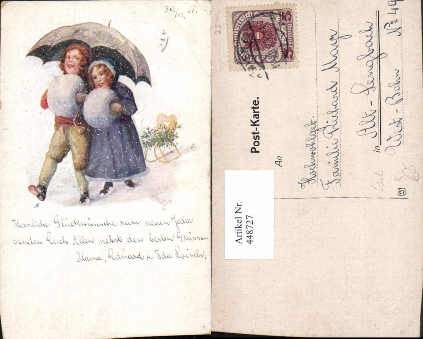 448727,Künstler AK Ezel Kinder Muff Schirm Schlitten Rodel Winterbild