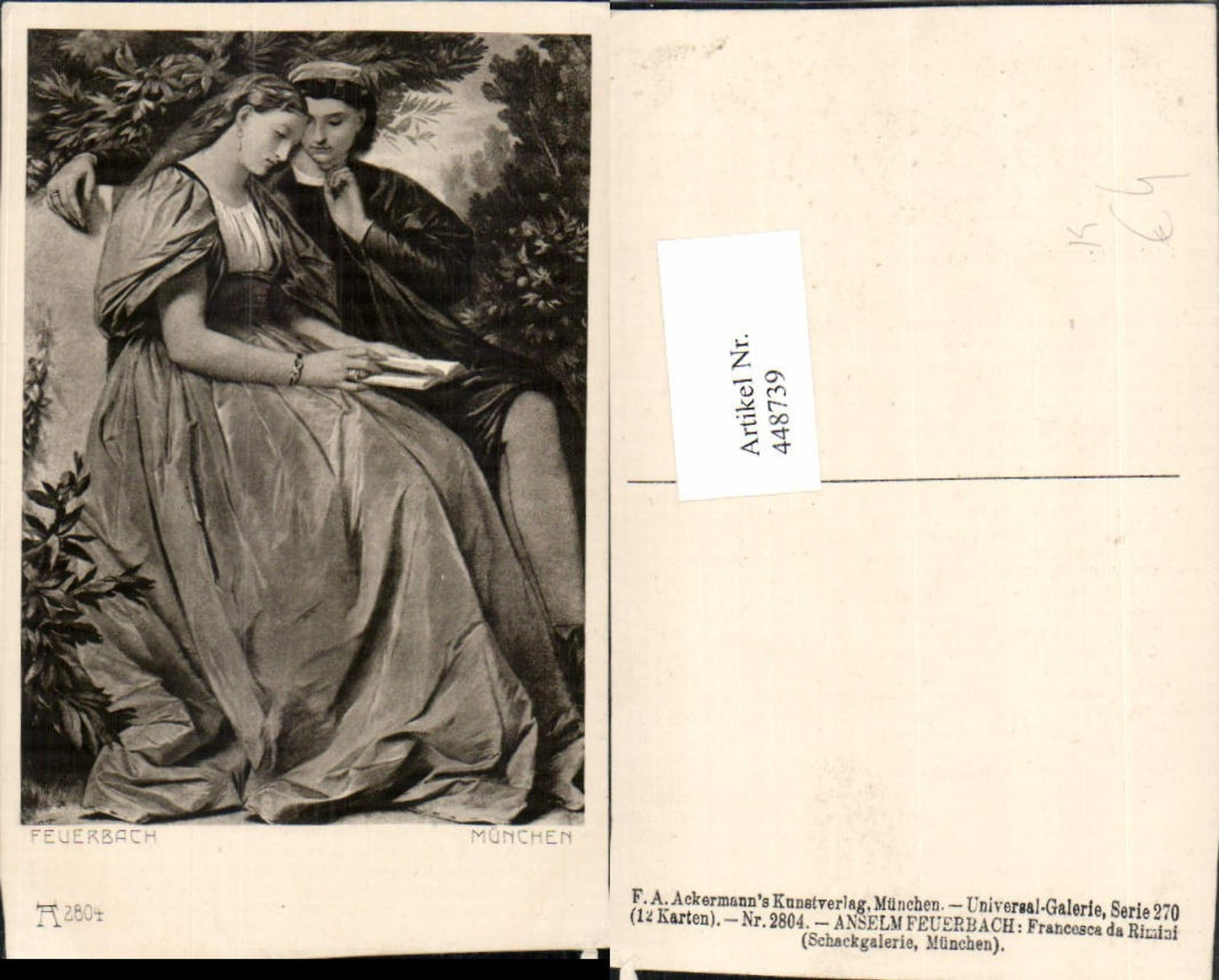 448739,Künstler AK Feuerbach Francesca da Rimini Liebe Paar Buch pub A. Ackermann 2804