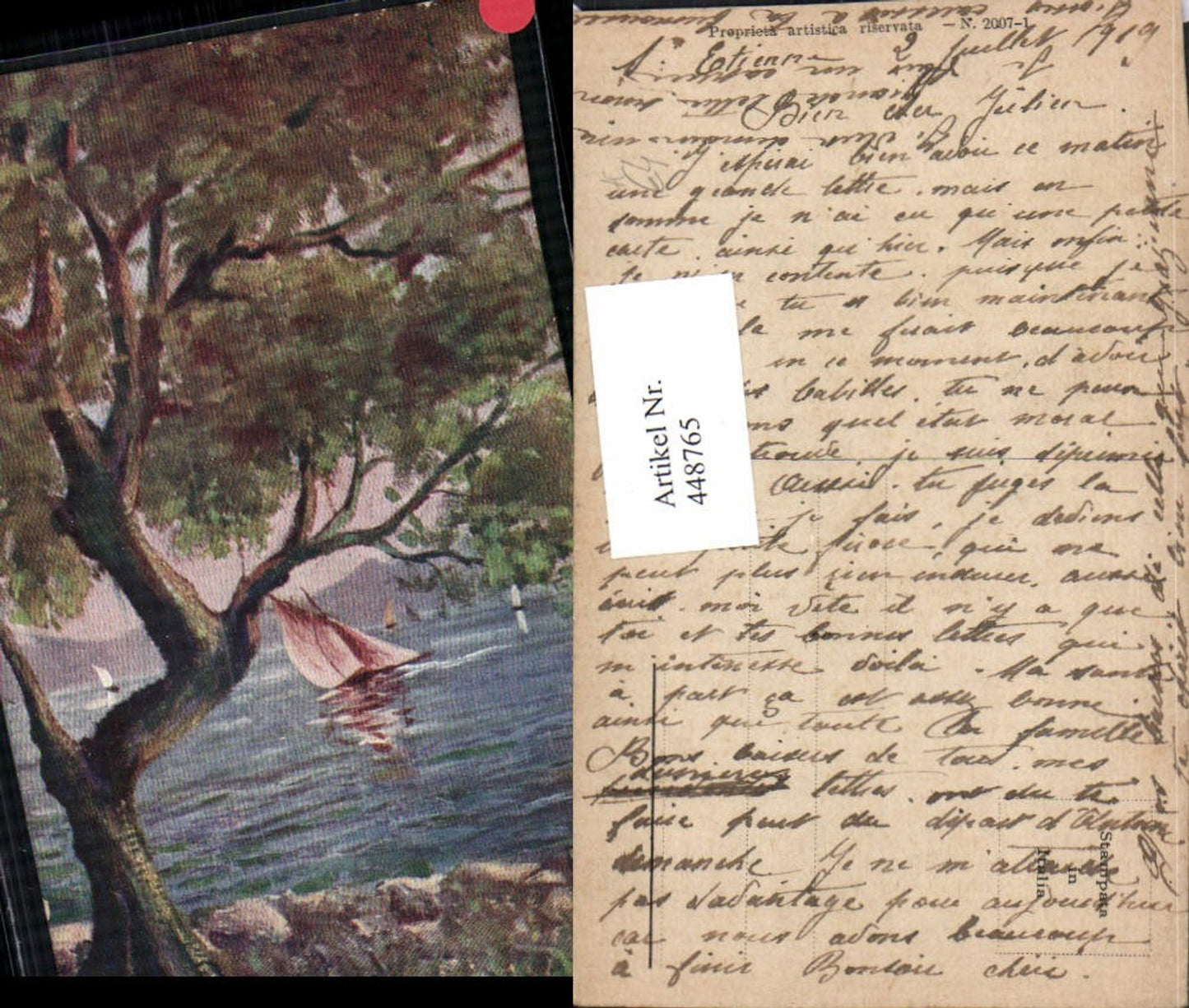 448765,Künstler AK A. Bassi Lsandschaft See Segelboote Baum