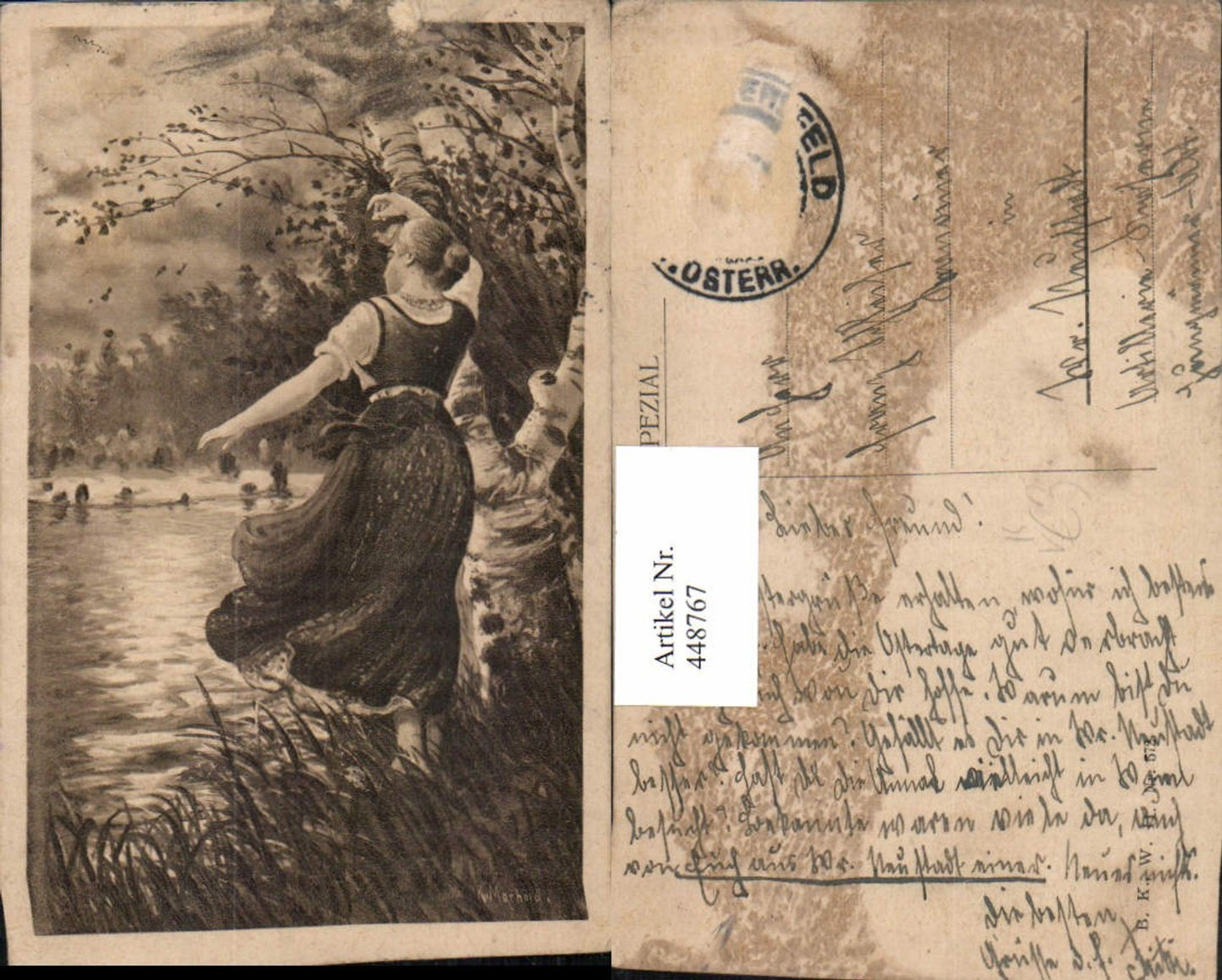 448767,Künstler AK K. Marhold Frau m. Kleid Tracht Birke Baum See pub B.K.W.I. 572